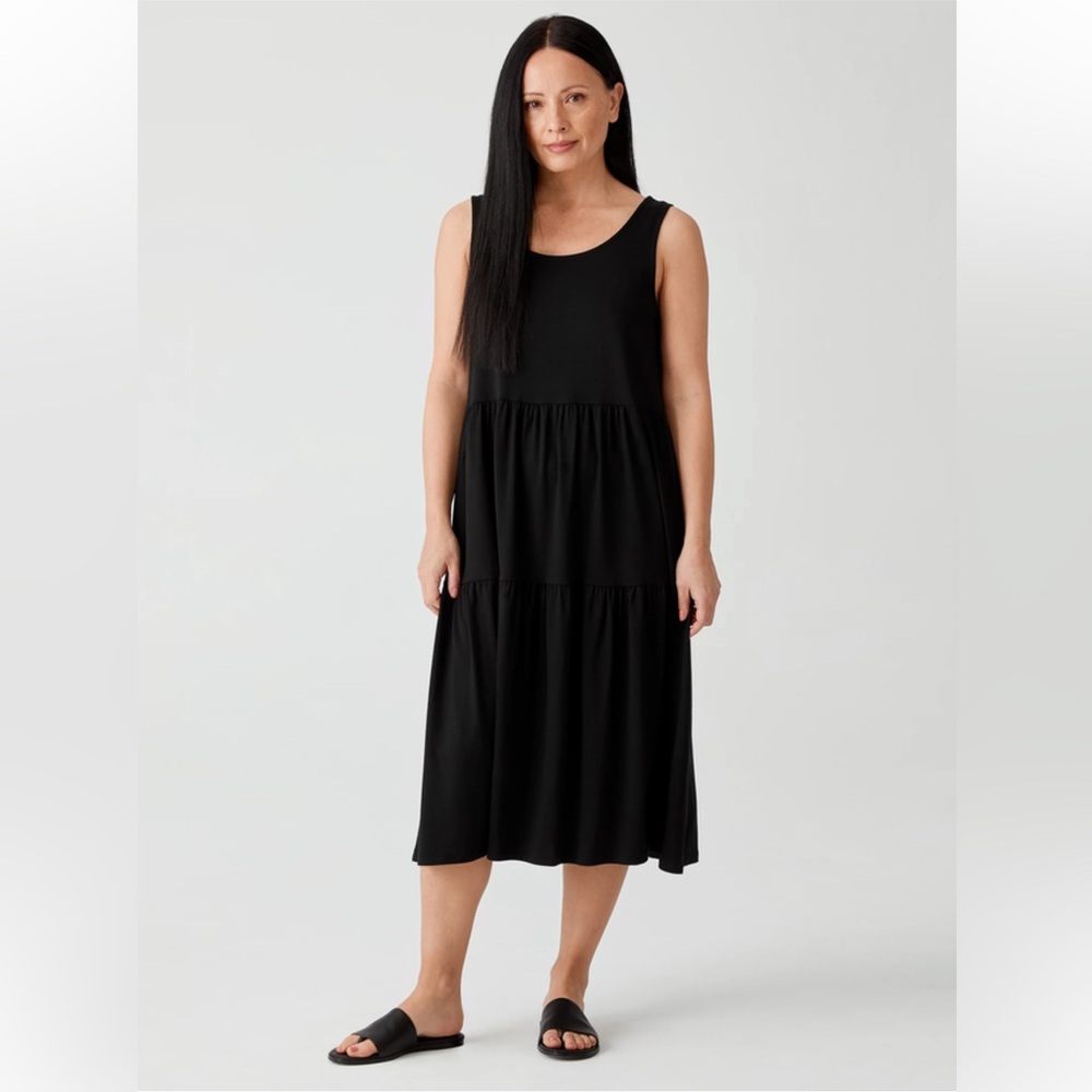 EILEEN FISHER M Fine Jersey Tiered Dressing in Black: Easy Fit, Calf Length
